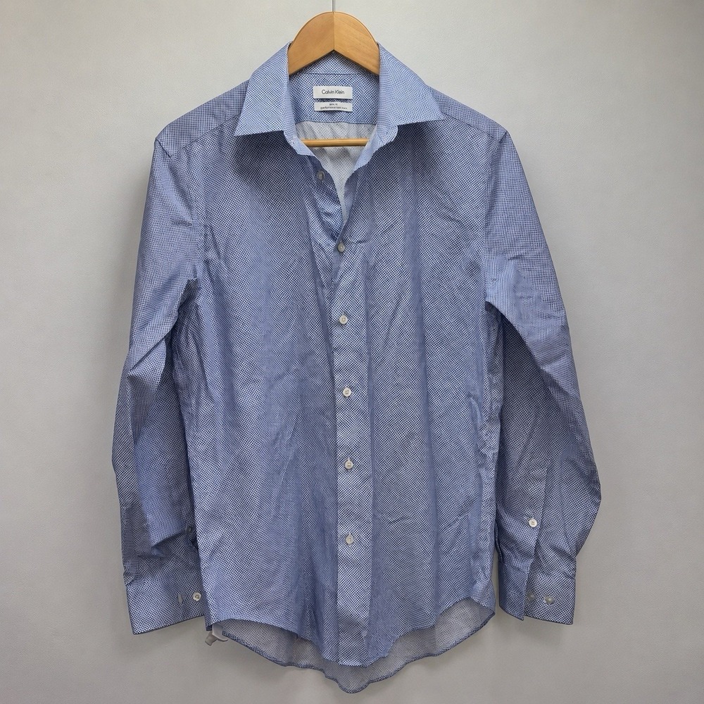 Calvin Klein Slim Fit Performance Non-Iron Blue Check Dress Shirt Man 15.5 32/33
